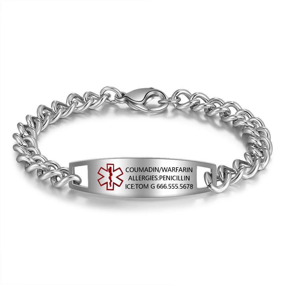 Custom Medical Alert Bracelet for Men Women Waterproof Titanium Steel Emergency ID Bracelet with Free Engraving Medical Wristband Bracelet for Him and Her (Silver, 7.2 inches)