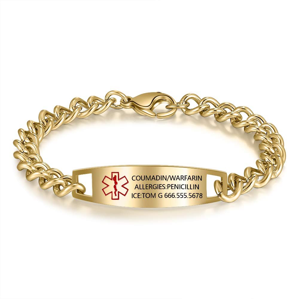 Custom Medical Alert Bracelet for Men Women Waterproof Titanium Steel Emergency ID Bracelet with Free Engraving Medical Wristband Bracelet for Him and Her (Gold, 7.2 inches)