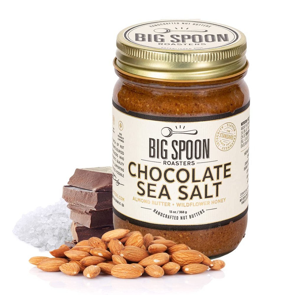 Big Spoon Roasters Dark Chocolate Almond Butter With Sea Salt & Raw Honey - Low Sugar Almond Butter - Crunchy & Bee-Friendly Almonds - Keto, Gourmet, Pure Almond Nut Butter - 13 Ounces