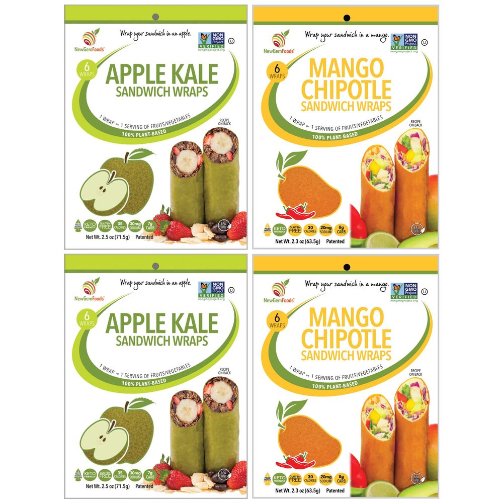 Apple Kale & Mango Chipotle Sandwich Wraps (Four-Pack) Variety Pack of Plant-Based, Gluten-Free, Low-Carb Wraps Vegan, Non-GMO, Paleo Tortilla Alternatives for Healthy Eating