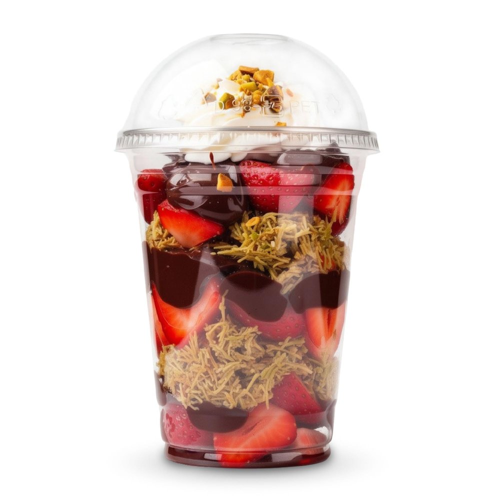 [200 SET]HAKOWARE 16oz Ultra Clear Disposable Plastic Cold Cups with Open Hole Dome Lids, PET Party Drinking Cups, Iced Coffee Smoothie Cold everage, Dubai Chocolate Strawberry Cups
