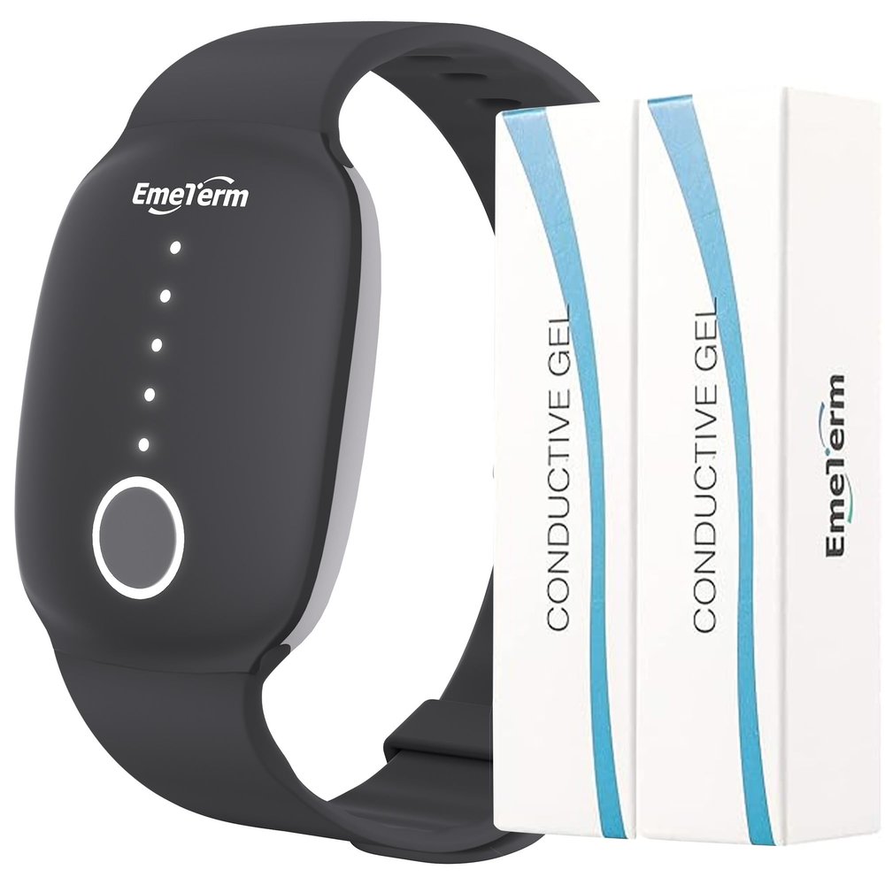 EmeTerm Fashion Anti-Nausea Wristband Relieve Morning Motion Travel Sickness Rechargeable Drug Free Bands without Side Effects - Extra 2pack Conductive Gel (Black - Extra 2pack Conductive Gel)