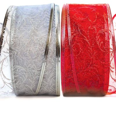 Christmas Ribbon Wired for Gift Wrapping Red Wired Ribbons Xmas Tree Ribbon Silver Sheer Wire Organza Set Present Wrap Around, Christmas Decor Crafts Floral Arrangement Supplies & Decoration 50 Yards