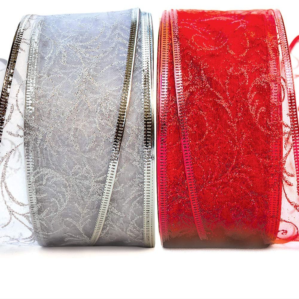 Christmas Ribbon Wired for Gift Wrapping Red Wired Ribbons Xmas Tree Ribbon Silver Sheer Wire Organza Set Present Wrap Around, Christmas Decor Crafts Floral Arrangement Supplies & Decoration 50 Yards