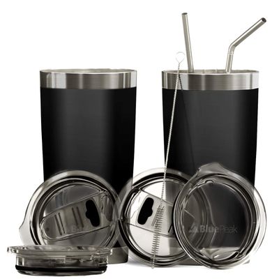 BluePeak Double Wall Vacuum Stainless Steel Insulated Tumblers Set, 2-Pack - Includes 2 Sipping Lids, 2 Spill-Proof Sliding Lids, 2 Straws, 1 Cleaning Brush & Gift Box (20 oz, Black)