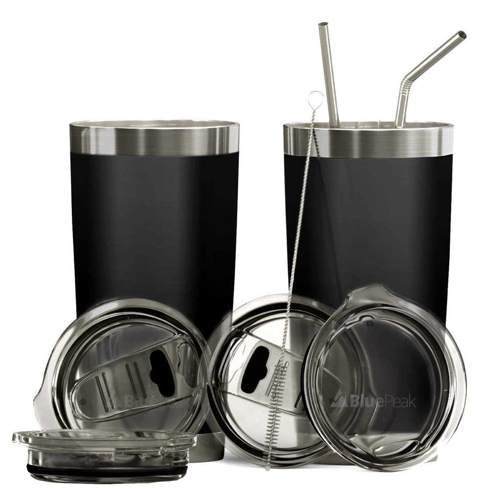BluePeak Double Wall Vacuum Stainless Steel Insulated Tumblers Set, 2-Pack - Includes 2 Sipping Lids, 2 Spill-Proof Sliding Lids, 2 Straws, 1 Cleaning Brush & Gift Box (20 oz, Black)