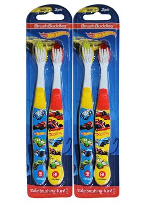 Brush Buddies Hot Wheels Toothbrushes for Kids, Soft Bristle Childrens Toothbrush Set, Fun Hot Wheels Designs, 4-Count Hot Wheels Toothbrush Set 4 Toothbrushes Childrens Soft Bristle
