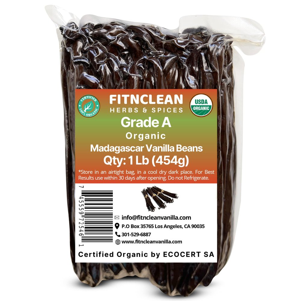 1Lb Organic Madagascar Vanilla Beans Grade A. Certified USDA Organic. 7"-8" by FITNCLEAN VANILLA for Chefs, Cooking, Extract. 16oz Bourbon Fresh NON-GMO Whole Gourmet Pods