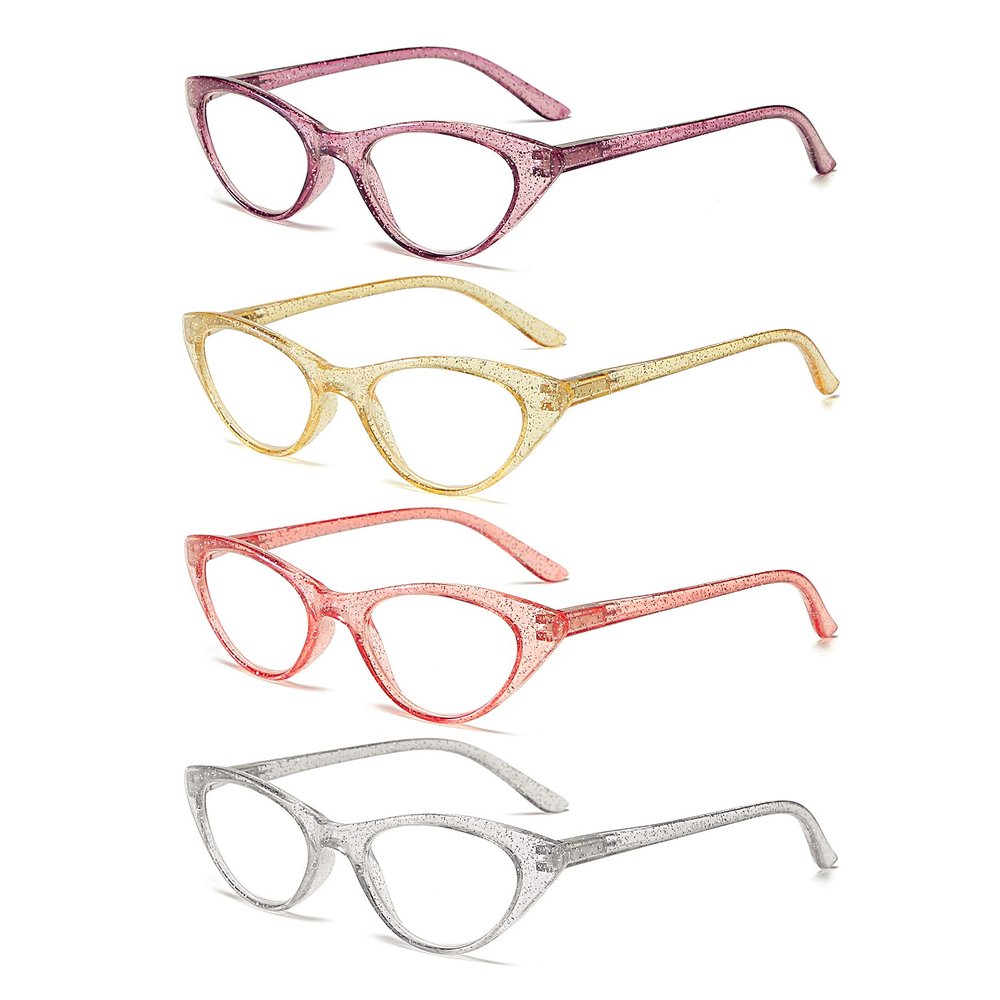 100 CLASSIC 4-Pack Reading Glasses Ladies Cat Eye Spring Hinges Readers Crystal Sand Temple Arms Fashion Eyeglasses for Women R2960G (Multicolor) (1.50+)