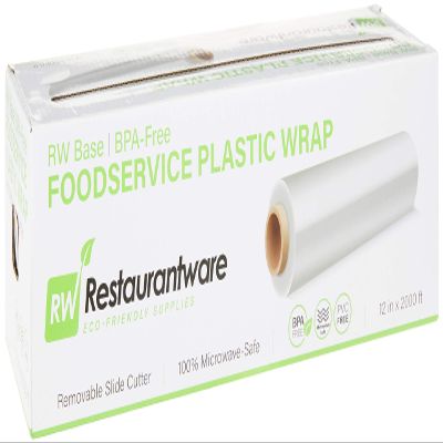 Restaurantware RW Base 12 Inch x 2000 Feet Cling Wrap 1 Roll Microwavable Cling Film - With Removable Slide-Cutter Clear Plastic Food Wrapping Film Securely Seal And Keep Food Fresh