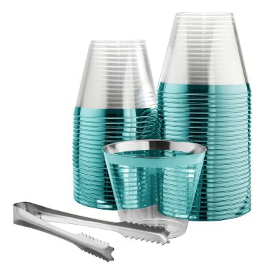 100 Teal Rimmed Plastic Cups and 1 Silver Ice Tong Set - 9 Ounce Disposable Wine Glasses - Plastic Cocktail Glasses - Fancy Clear Cups - Teal Party Decorations - Mermaid Party Supplies