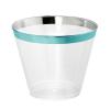 100 Teal Rimmed Plastic Cups and 1 Silver Ice Tong Set - 9 Ounce Disposable Wine Glasses - Plastic Cocktail Glasses - Fancy Clear Cups - Teal Party Decorations - Mermaid Party Supplies view 2