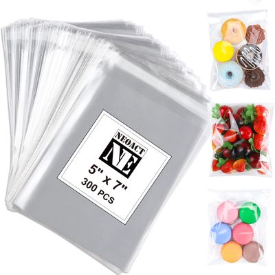 NEOACT 300 PCS 5"x7" Clear Resealable Cellophane Bags Good for Bakery, Candle, Soap, Cookie Poly Bags.