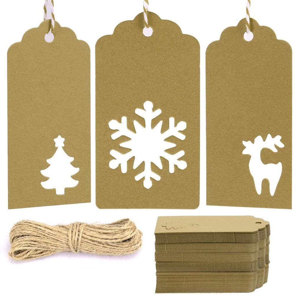 Gift Tags With Holes - Present Wrap Paper Small Xmas Labels With Twine - Vintage Christmas Tags Bulk 100pcs