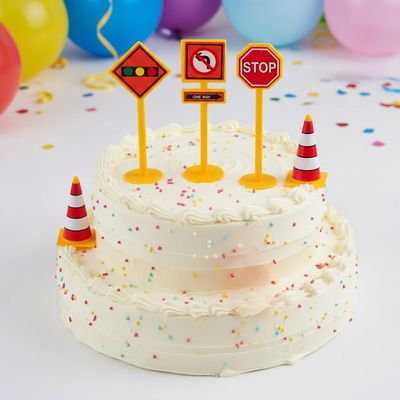 5pcs Construction Cupcake Toppers Traffic Roadblock Sign Cake Topper Mini Traffic Cones Cake Decoration for Construction Theme Baby Shower Birthday Party Supplies