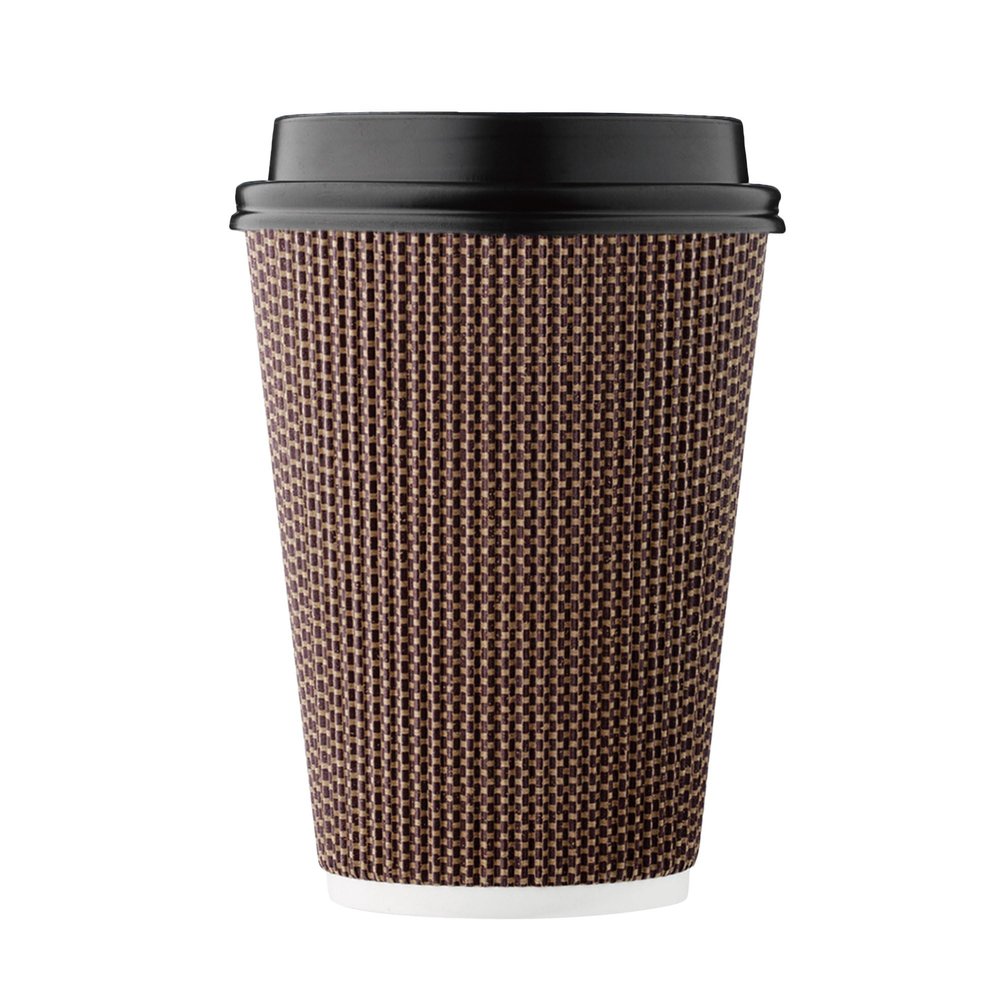 [100 SET]Harvest Pack 12 oz Disposable Coffee Cups, Insulated Ripple Double-Walled Paper Cup with Lids, Brown Geometric, Tea Hot Chocolate Drinks To go coffee cups