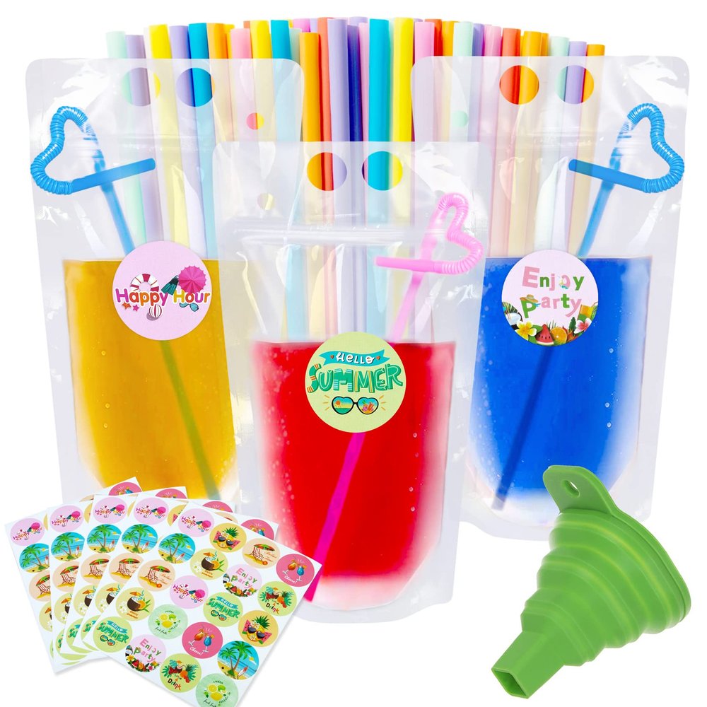 100 Pcs Drink Pouches for Adults Stand-Up Juice Pouches, Hand-Held Reclosable Drink Bags Plastic Zipper Juice Bags with Straws Silicone Funnel(Come with 100 Pcs Round Stickers)