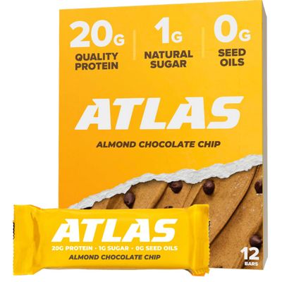 Atlas Real Food Protein Bar  20g Clean Protein, 1g Sugar, No Seed Oils, No Artificial Sweeteners (Almond Chocolate Chip, 12 Count)