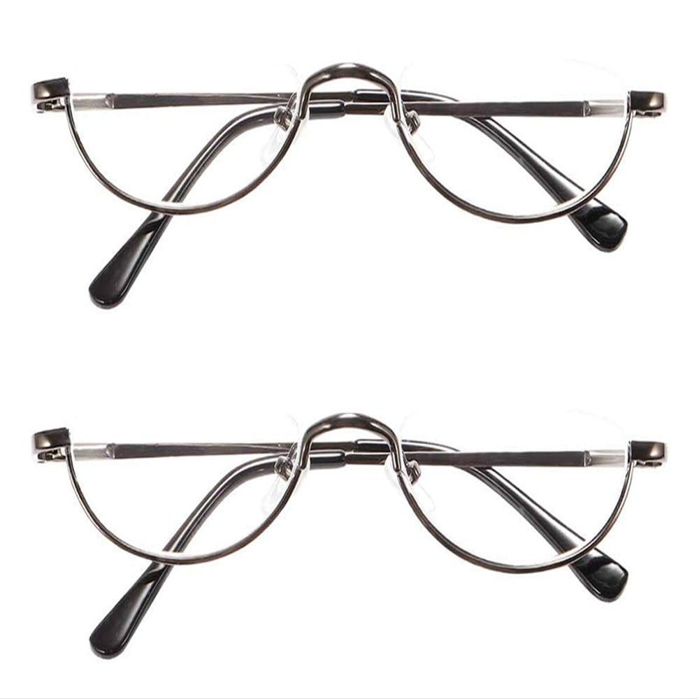 REAVEE 2 Pack Retro Designer Half Moon Reading Glasses for Women Men Spring Hinge Half Frame Readers Stylish Slim Eyeglasses with Pouch, Gun Grey 1.0