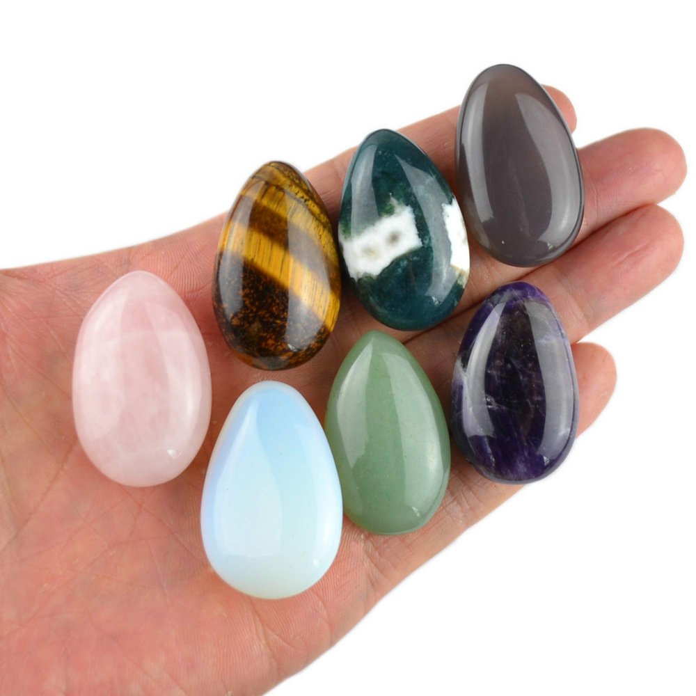 Set of 7 Palm Stone Teardrop Gemstones Polished Tumbled Healing Crystal Natural Smooth Pocket Stones Rose Quartz Opalite Moss Agate Amethyst Tiger Eye Green Aventurine Mix Color