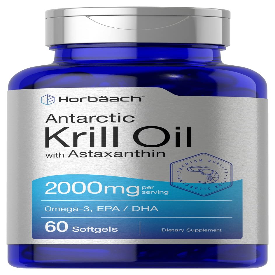 Horbach Antarctic Krill Oil 2000mg | 60 Softgel Capsules | Omega-3, EPA, DHA Supplement | with Astaxanthin | Non-GMO, Gluten Free