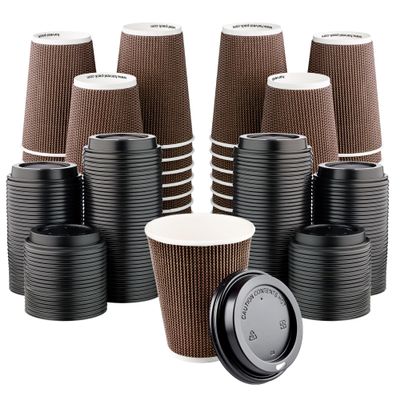 [400 SET]Harvest Pack 12 oz Disposable Coffee Cups, Insulated Ripple Double-Walled Paper Cup with Lid, Brown Geometric, Tea Hot Chocolate Drinks To go coffee cups