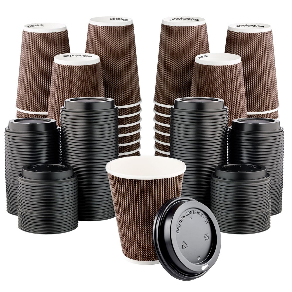 [400 SET]Harvest Pack 12 oz Disposable Coffee Cups, Insulated Ripple Double-Walled Paper Cup with Lid, Brown Geometric, Tea Hot Chocolate Drinks To go coffee cups