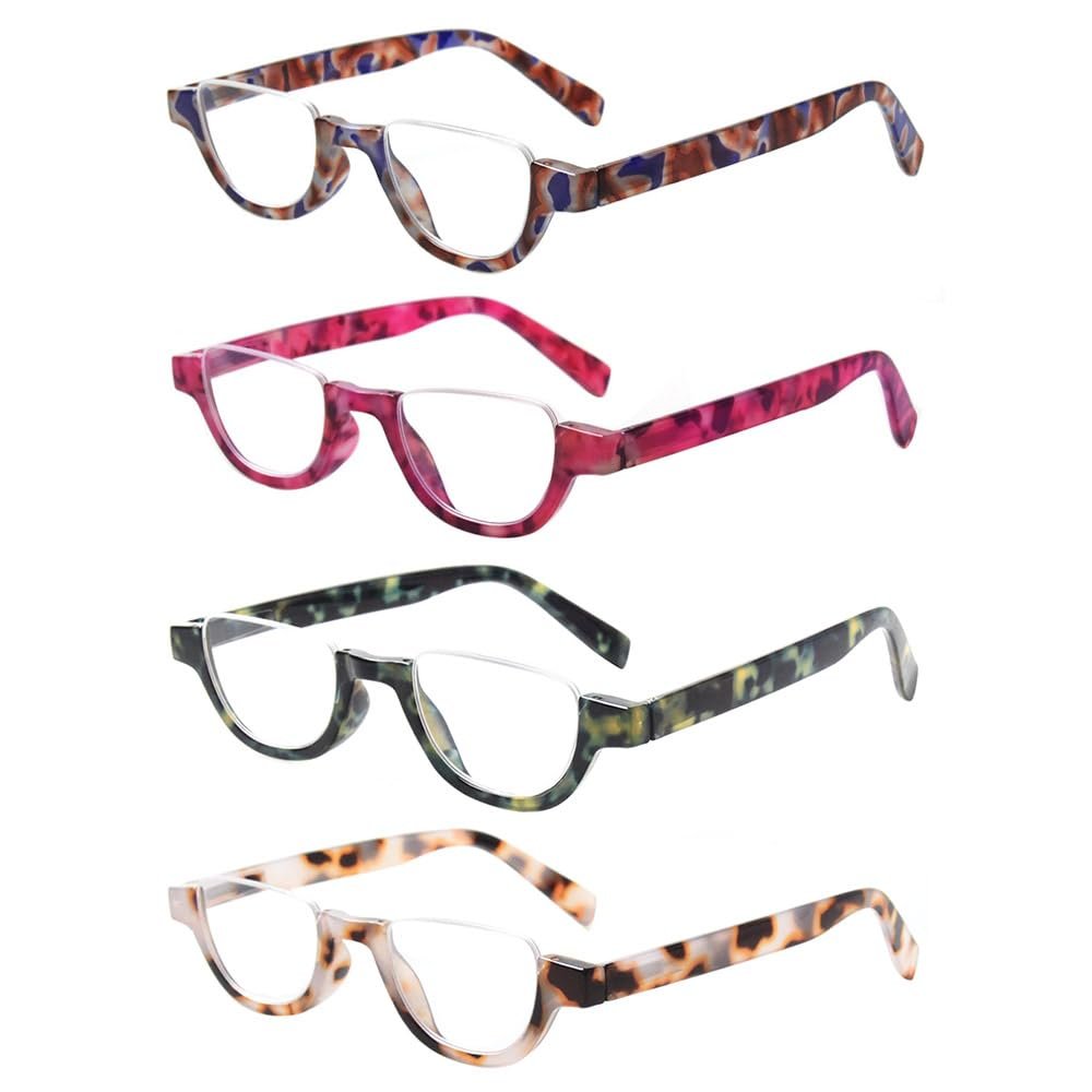 4 Pairs of Colorful Fashion Half Moon Frame Reading Glasses Spring Hinge Male and Female Readers (4 Pack Mix, 3.0)