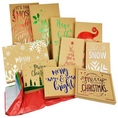 10 Pack Christmas Kraft Gift Boxes and Tissue Paper Bundle with Foil Designs (10 Pack)