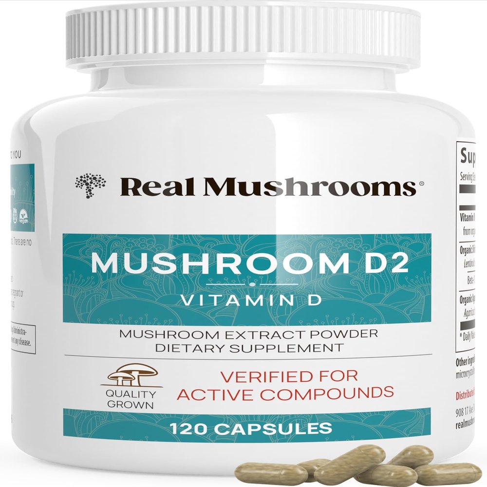 Real Mushrooms Vitamin D2 from Shiitake & Agaricus  Vegan Mushroom-Based D Supplement  Vitamins for Overall Wellness Support Organic, Non-GMO, 1000 IU  120 Count Functional Mushroom