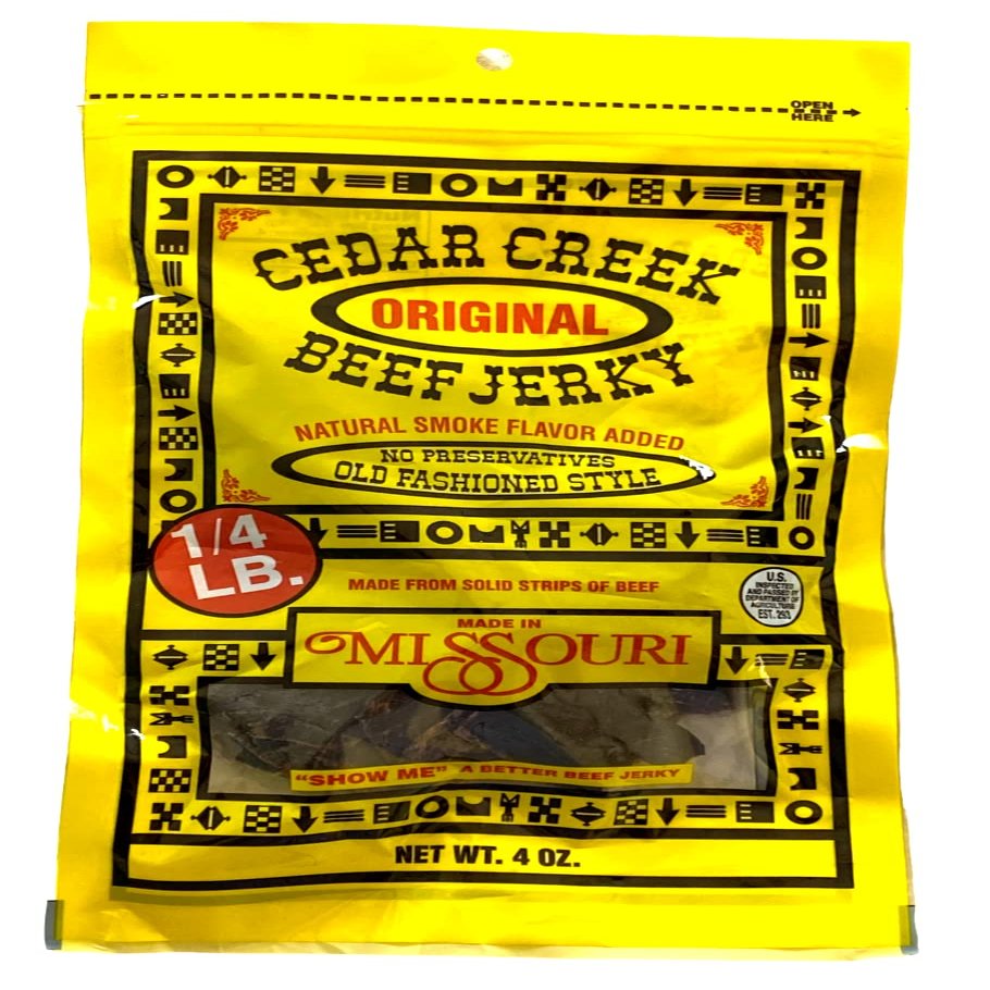 Cedar Creek Beef Jerky, Air-Dried Thinly Sliced, 4oz Pack, No Artificial Preservatives, Grass-Fed & Grain-Finished Beef, High Protein, Low Calorie, Gluten-Free, Paleo Snack