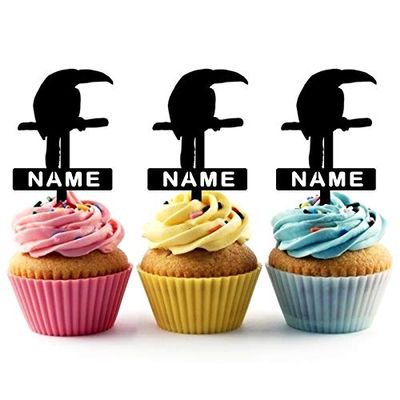 TA0083 Hornbill Bird Silhouette Party Wedding Birthday Acrylic Cupcake Toppers Decor 10 pcs with Personalized Your Name