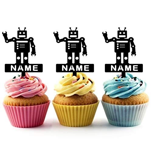 TA0494 Robot Toy Silhouette Party Wedding Birthday Acrylic Cupcake Toppers Decor 10 pcs with Personalized Your Name
