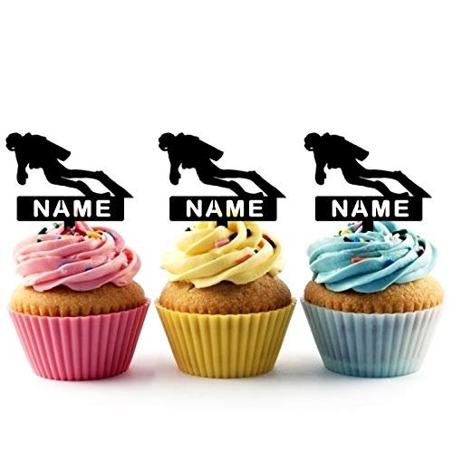 TA0063 Diver Silhouette Party Wedding Birthday Acrylic Cupcake Toppers Decor 10 pcs with Personalized Your Name