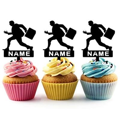 TA0089 Business Man Running Silhouette Party Wedding Birthday Acrylic Cupcake Toppers Decor 10 pcs with Personalized Your Name