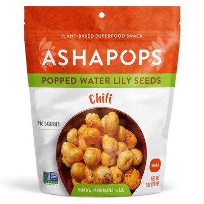 AshaPops Chili Flavored Popped Water Lily Seeds - Gluten-Free, Vegan, Paleo, Nut-Free, Corn-Free, Soy-Free, Non-GMO, Delicious Plant-Based Crunchy Snack, 1 oz (Pack of 6)