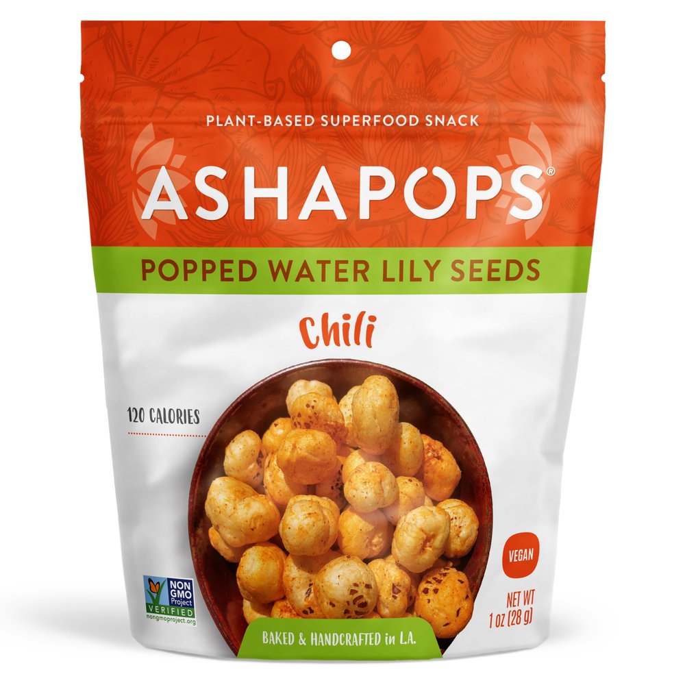 AshaPops Chili Flavored Popped Water Lily Seeds - Gluten-Free, Vegan, Paleo, Nut-Free, Corn-Free, Soy-Free, Non-GMO, Delicious Plant-Based Crunchy Snack, 1 oz (Pack of 6)