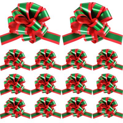 16 Pieces Christmas Pull Bows Red and Green Gift Wrap Bows with Ribbon for Christmas Wreath Gift Basket DIY Craft, 5 Inches