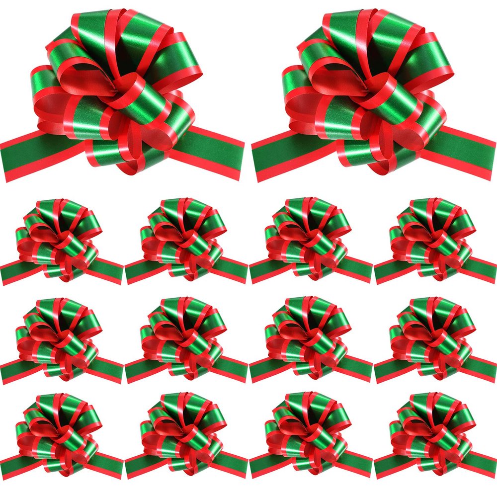 16 Pieces Christmas Pull Bows Red and Green Gift Wrap Bows with Ribbon for Christmas Wreath Gift Basket DIY Craft, 5 Inches