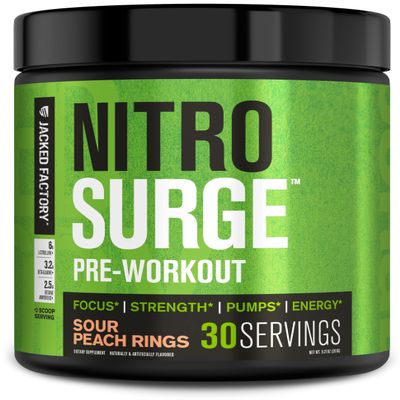 Jacked Factory NITROSURGE Pre Workout Supplement - Endless Energy, Instant Strength Gains, Clear Focus, Intense Pumps - NO Booster & Powerful Preworkout Energy Powder - 30 Servings, Sour Peach Rings