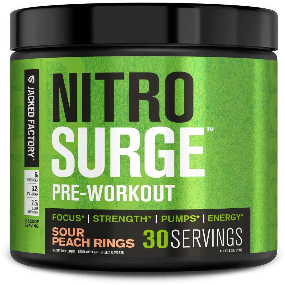 Jacked Factory NITROSURGE Pre Workout Supplement - Endless Energy, Instant Strength Gains, Clear Focus, Intense Pumps - NO Booster & Powerful Preworkout Energy Powder - 30 Servings, Sour Peach Rings