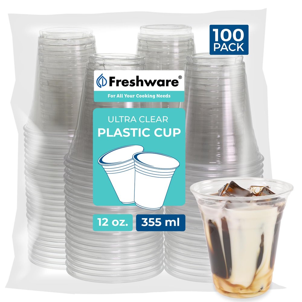 Freshware Plastic Cups [12 oz, 100-PCS] - Disposable Cold Drink Party Soda Cup, Crystal Clear PET