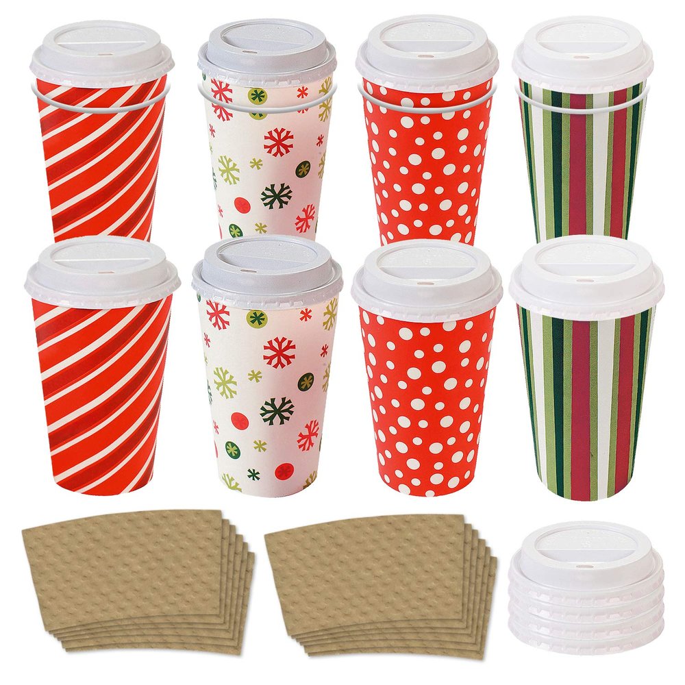 Live It Up! Party Supplies Christmas Paper Disposable Coffee or Hot Chocolate Cups and Lids - Festive Christmas Holiday Design (12-ct with Blank Kraft Sleeves)