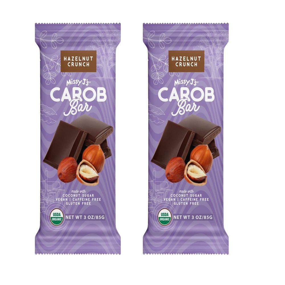 Missy J's Organic Carob Bars Hazelnut 2 Pack | Carob Made w/Coconut Sugar, Vegan and Gluten-Free | Healthy Caffeine Free Substitute for Chocolate, Perfect for Snacks and Treats