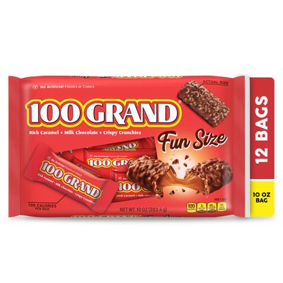 100 Grand Crispy Milk Chocolate with Caramel, Fun Size Individually Wrapped Candy Bars, 10 oz Bag (Pack of 12 Bags)
