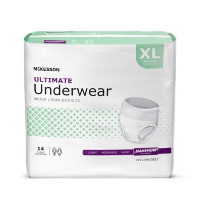McKesson Ultimate Adult Incontinence Underwear, [14 Count], XL, 58-68 in. Maximum Absorbency, Unisex Bladder Leak Protection, Pull-On Style with Tear-Away Sides, for Postpartum and Incontinence