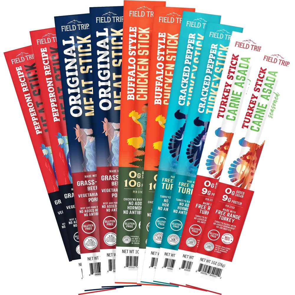 Field Trip Grass Fed and Free Range Variety Jerky Snack Sticks, Keto, Paleo, Gluten Free, Allergy Friendly Snack, High Protein, 90 and 100 Calorie Snack, 1oz, 10 Pack