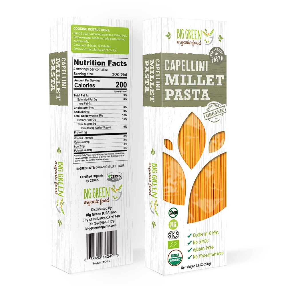 Big Green Organic Food- Organic Millet Capellini, Gluten-Free, Lectin-Free, Non-GMO, Vegan, 6g of Protein, Wheat and Rice Alternative, 26.4oz (3)