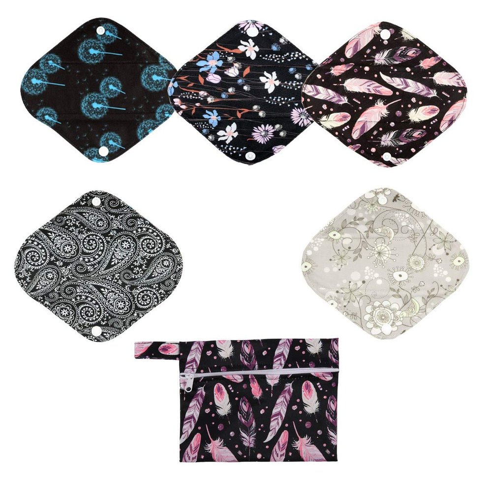 5 Cloth Menstrual Pads 1 Wet Bag Small Panty Liners Reusable Washable (Small Panty Liners, Purple Feather)