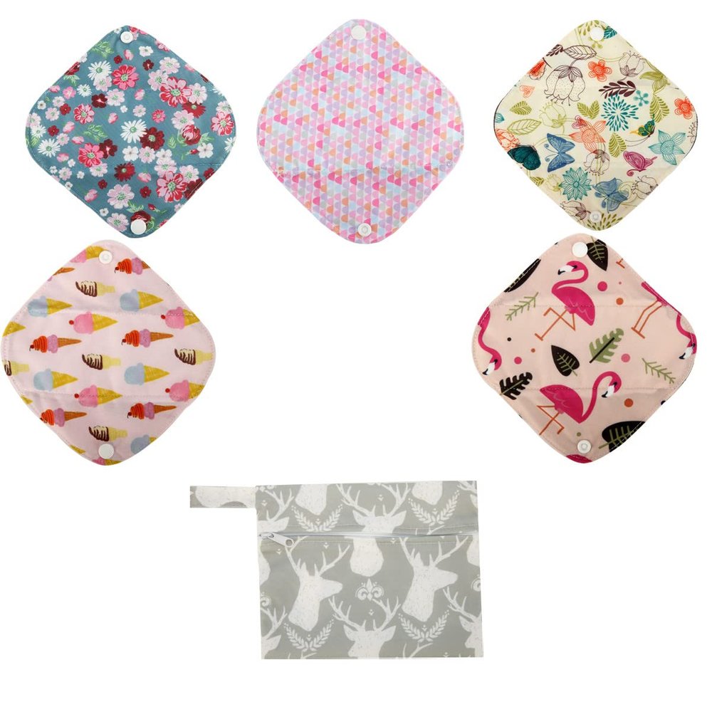 5 Cloth Menstrual Pads 1 Wet Bag XS Panty Liners Reusable Washable (XS Panty Liners, Grey Deer)